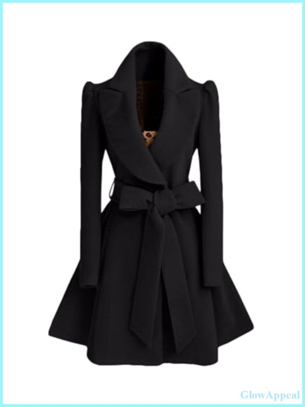 Women's Double Breasted Wool Blend Trench Coat Peak Lapel Belted Flared Overcoat